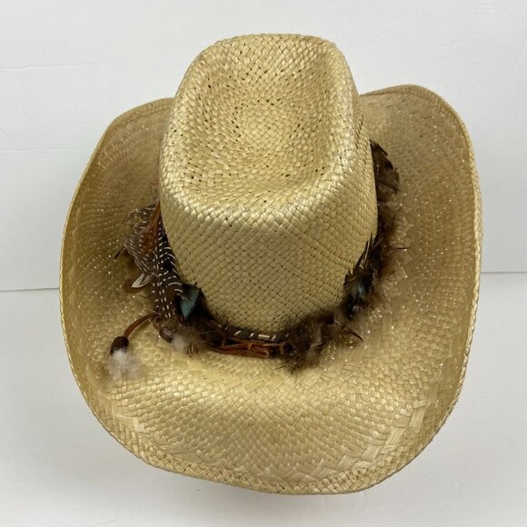 Wrangler Miller Bros Straw Cowboy Hat NWOT Feather Band Size 7 Medium NWOT Miller Bros Straw Western Cowboy Hat Band Feather main image 4